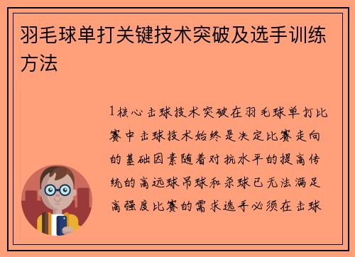 羽毛球单打关键技术突破及选手训练方法